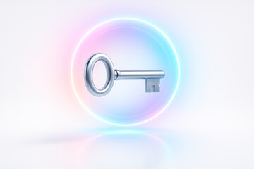 Illustration of silver key in a glowing circle isolated on white background with reflection
