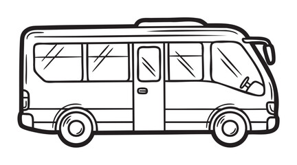 Black outline drawing of a small passenger bus with visible windows, a central door, and two wheels, ideal for transportation or travel themes.