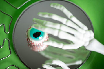 A skeleton hand reaching for a vivid glass eye with intricate blood vessels