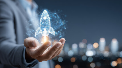 Digital rocket launching from a hand, illustrating a startup going live and the concept of networked innovation fueled by data and teamwork
