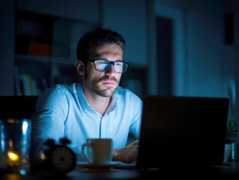 young businessman or entrepreneur working late at night on his laptop in dark home office. Screen's blue light reflects on his eyeglasses, highlighting intensity of overtime and remote work dedication