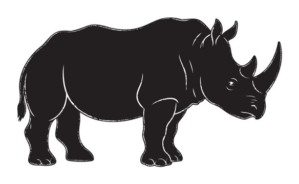 Black silhouette of a rhinoceros standing, showcasing its distinct horn and robust body, ideal for wildlife and conservation themes.