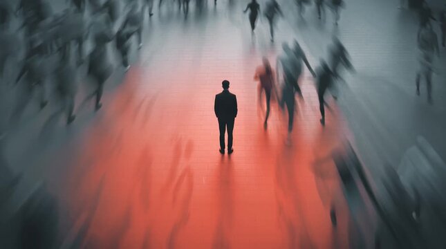 overhead view of a man standing still in a busy city street, blurred crowds around him with a soft red glow on his silhouette, symbolizing focus, calm, and inner strength.