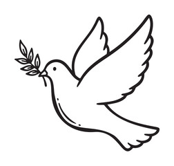 Black and white drawing of a dove in flight holding an olive branch, symbolizing peace and harmony.