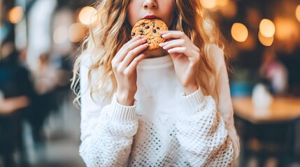 Partial view of person biting chocolate chip cookie, blurred background with ample copy space 