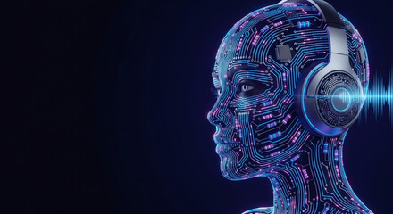 Digital woman made of circuit board wires with headphones on. Futuristic artificial intelligence concept for technology and sound.