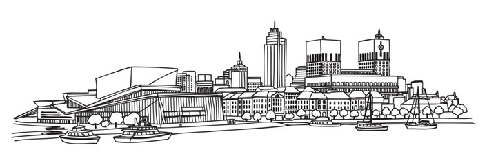 Obraz premium Black and white line drawing of a modern city skyline with distinct skyscrapers, buildings, and boats along the waterfront.