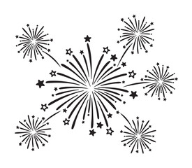 Obraz premium Black outline of multiple exploding fireworks with star patterns creating a festive and celebratory design.