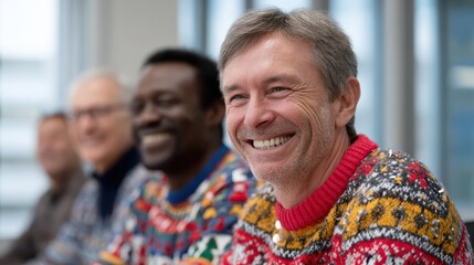 holiday office culture, diverse corporate professionals in festive christmas sweaters express genuine interaction and competitive spirit with sharp focus on sweater details in modern office
