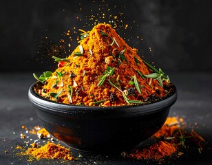 Aromatic Spice Blend in Black Bowl with Herbs and Powder.