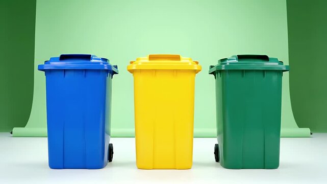 Blue Yellow Green Recycling Bins on a Light Green Background