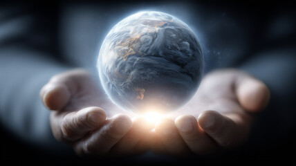 Two hands gently holding the planet express global stewardship protection and shared responsibility for the future of our world.
