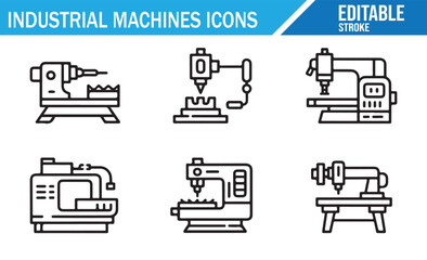 Industrial Machines Icons Set – Editable Stroke Line Symbols of CNC, Lathe, Milling, Drill Press, Grinder, Cutter, Welding, Robot, Conveyor, Assembly, Factory Equipment for Manufacturing and Productio