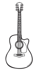 Naklejka premium Black outline drawing of an acoustic guitar with detailed strings, tuning pegs, and curved body design.