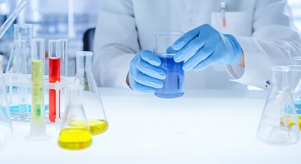 Fototapeta premium Closeup of a scientist in a laboratory wearing blue gloves and holding a flask with blue liquid, with various laboratory equipment in the background for scientific research