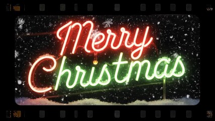 Merry Christmas neon sign glowing with falling snow animation. Festive holiday footage for winter season celebration and greeting card. - Powered by Adobe
