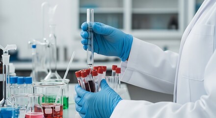 A scientist in a lab coat and blue gloves is using a pipette to transfer a liquid sample into a test tube filled with a blood sample, with various lab equipment in the background