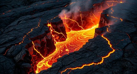 Molten lava flows through a rugged volcanic landscape, creating a stunning display of fiery energy.