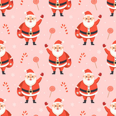 Christmas Seamless pattern with a cute Santa Claus and candy canes. Winter holiday background.