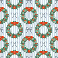 Seamless pattern with festive winter Christmas Wreath and bows on striped background. Retro festive background.