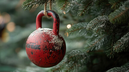Red kettlebell hanging as christmas ornament on snowy christmas tree with blurred bokeh lights background, representing fitness during christmas holidays