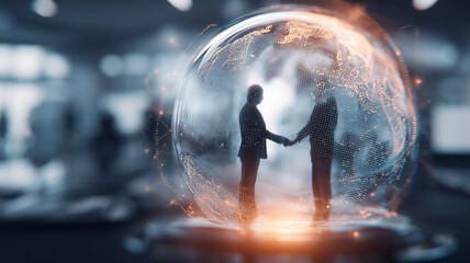 A business handshake inside a digital globe conveying global partnership trust and secure collaboration across connected markets and technologies.
