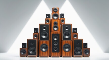 Illustration of acoustic speakers pyramid on white background for sound system concept