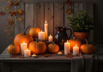 Autumn Harvest Still Life: Pumpkins, Candles, Maple Leaves, and Pitcher