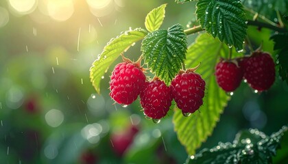 Fresh Raspberries on the Vine in the Rain.