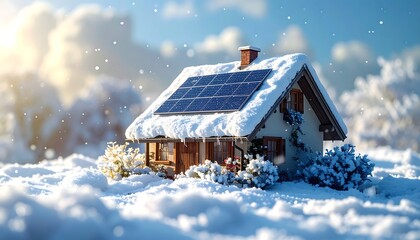 A snowy cottage featuring solar panels on its roof amidst a winter landscape with falling snow and soft sunlight. A sustainable living concept