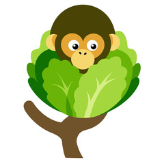 Cute cartoon monkey peeking out from behind a large green leafy plant isolated on white background