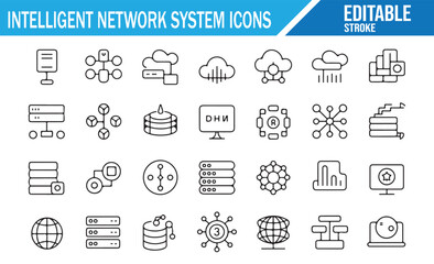 Intelligent Network System Icons Set – Editable Stroke Line Symbols for Cloud, Server, Database, AI, IoT, Cybersecurity, Routing, Storage, and Connectivity