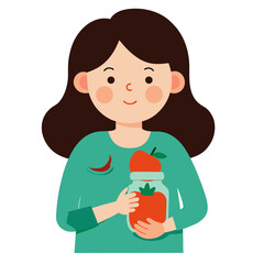 A young girl with dark hair smiles and holds a jar filled with delicious red fruit and vegetables isolated on white background