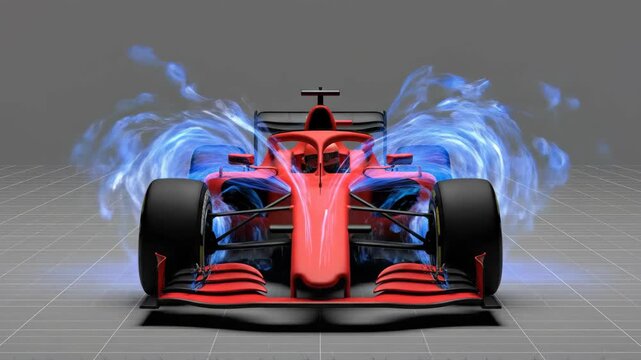 Red formula race car with blue aerodynamic air flow simulation on gray grid. Scientific and engineering visualization footage.