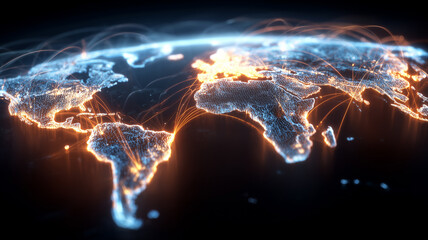 A world map with glowing connection paths, visualizing global networks, trade routes, and international data exchange.
