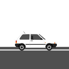 Flat design illustration of a small white vintage or classic compact hatchback car driving on a gray asphalt road with a white background