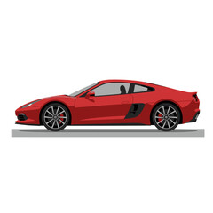 Side view illustration of a modern red mid-engine sports coupe with black wheels and air intake on a gray road line, isolated on white background