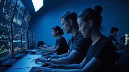 Man and woman in dark room monitoring multiple computer screens with data analysis and stock charts, teamwork, data center footage. - Powered by Adobe