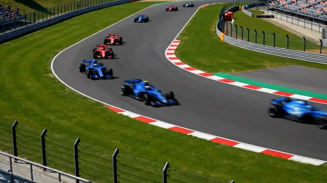 Racing cars on a track during a competition. Sport car event with multiple vehicles driving at high speed. Formula one race footage.