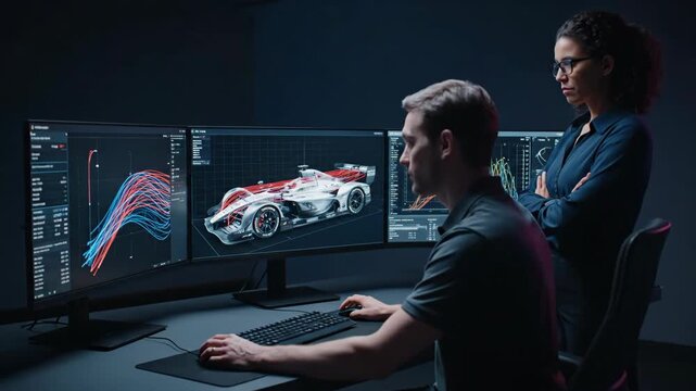 Engineer working on formula 1 car design with woman. Man and woman reviewing race car aerodynamics data. Racing vehicle development footage.