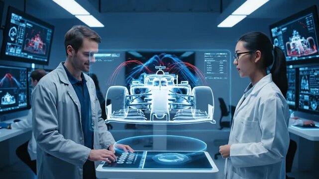 Man and a woman engineers working on a futuristic formula race car design in a virtual reality lab, a video footage.