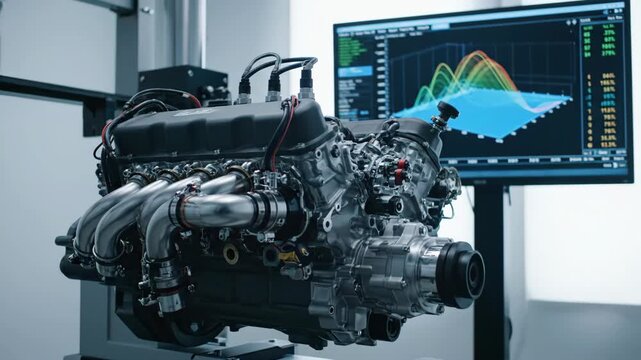 Engine on a test bench with real-time performance data on monitor. Automotive power unit research and development.