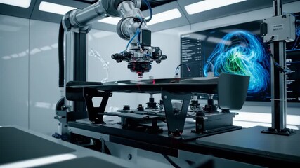 Robotic arm performing precise 3d printing of a racing car spoiler in a futuristic engineering lab for formula style vehicle production footage