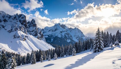 Sunlight shines over a snowy mountain landscape with pine trees.