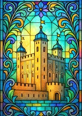Vibrant stained glass castle art.