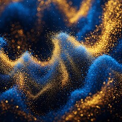 Abstract digital illustration featuring swirling patterns of golden and blue particles against a dark background.