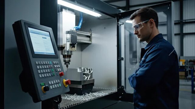 Caucasian man operates cnc machine in a modern factory setting, controlling industrial precision engraving and milling process. Manufacturing footage