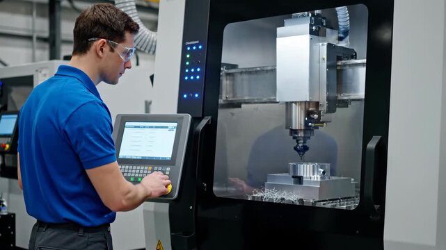 Man operating a cnc machine, programming and observing metal part machining with coolant for industrial manufacturing footage.