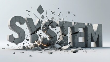Abstract design of the word "system" in large bold concrete-style letters the text appears to be break wall, crumbling