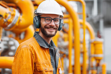 A man in a yellow jacket and safety gear is smiling